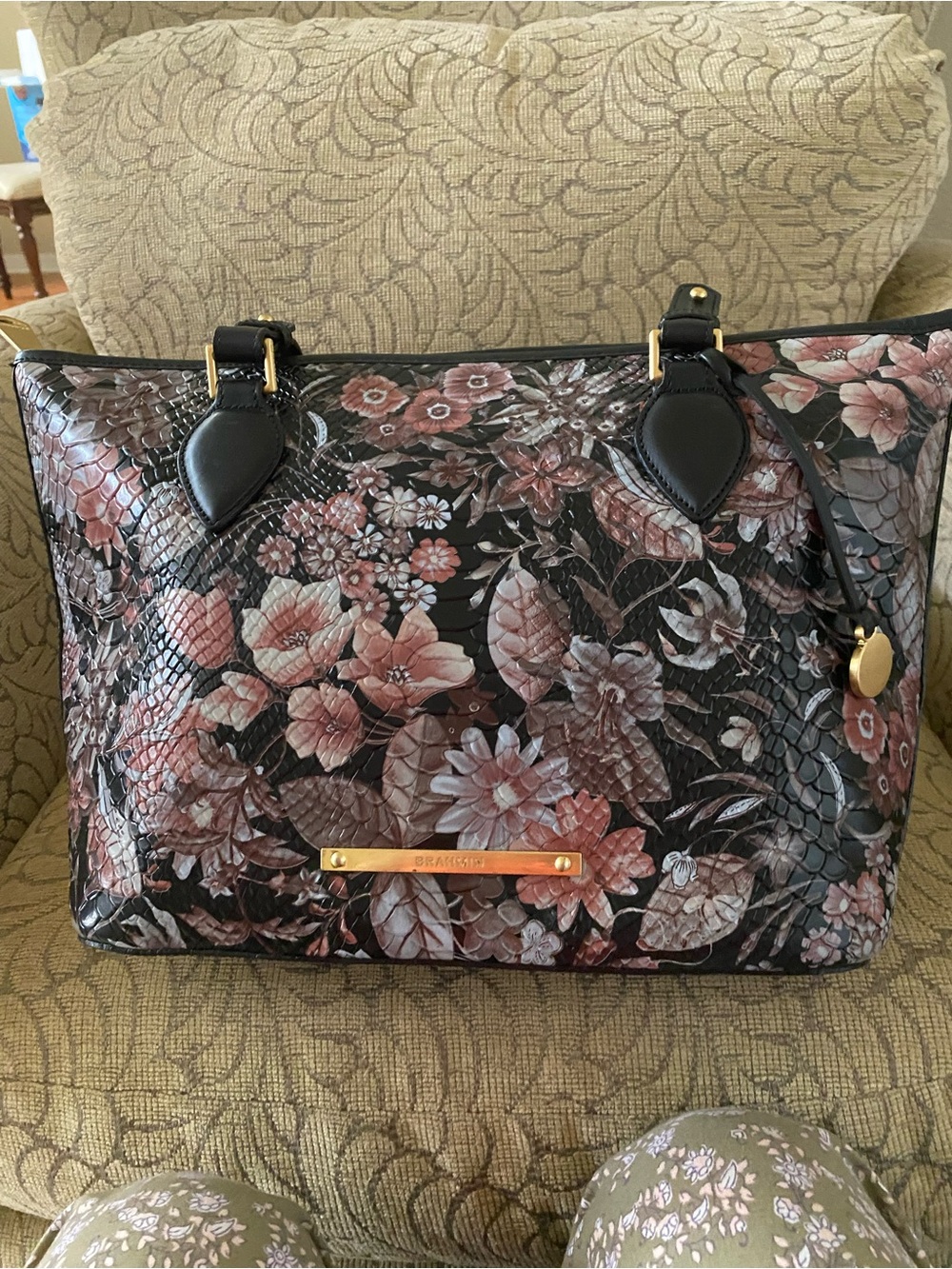 Floral Embossed Tote Bag with Black Trim